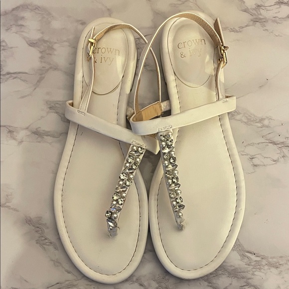 crown & ivy Shoes - crown & ivy White Jeweled T-Strap Sandals